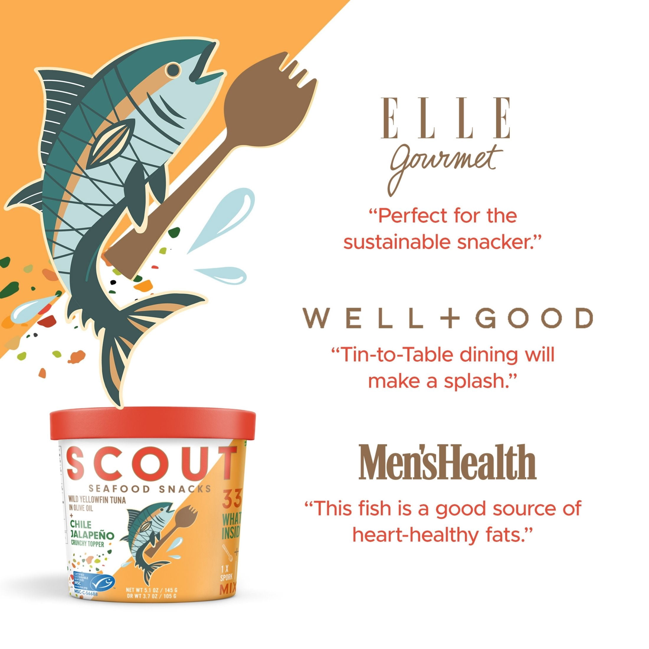 (6 pack) Scout Tuna Snack Kit, Chili Jalapeño, Wild Yellowfin Tuna + Crunchy Mix-in for 33g of Protein on the Go with Spork, 5.1oz Cup