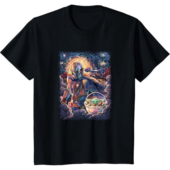 Vintage The Mandalorian & Grogu Starry Night Van Gogh T-Shirt S-5XL - Trending Birrthday Tee Gifts Vintage Tee -Birthday Gifts