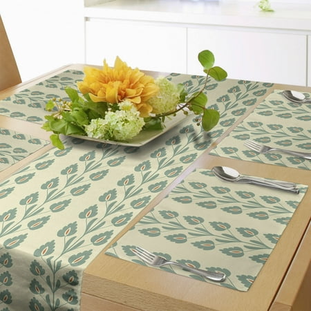 

Floral Table Runner & Placemats Vertical Wavy Ornament Lines and Graphic Flowers on Branch Pattern Set for Dining Table Decor Placemat 4 pcs + Runner 16 x72 Jade Green Orange by Ambesonne