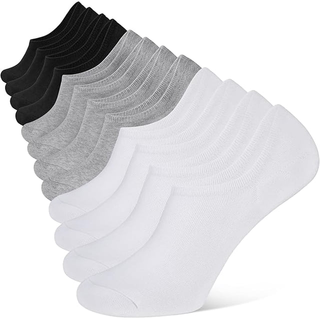 set de 12 pares de calcetines invisibles unisex, calcetas cortas de algodón suave (80% algodón) con malla superior para ventilación y ajuste bajo del tobillo en colores negro, gris y blanco, dispuestas en filas diagonales sobre fondo blanco; también habituales para entrenamientos ligeros o calzado deportivo.