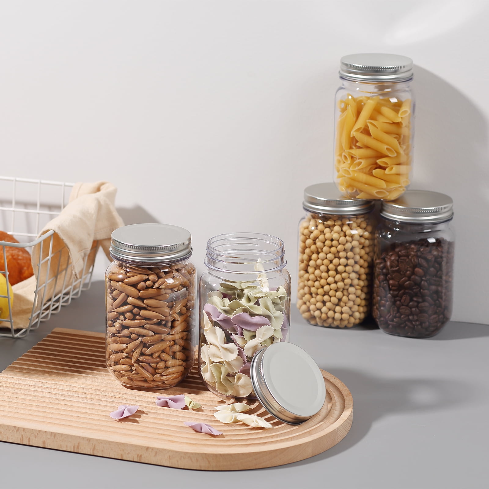 Novelinks 16 Ounce Plastic Jars with Lids Food Storage Containers 10 Pack Airtight Containers Clear Plastic Containers for Food - BPA Free,Silver