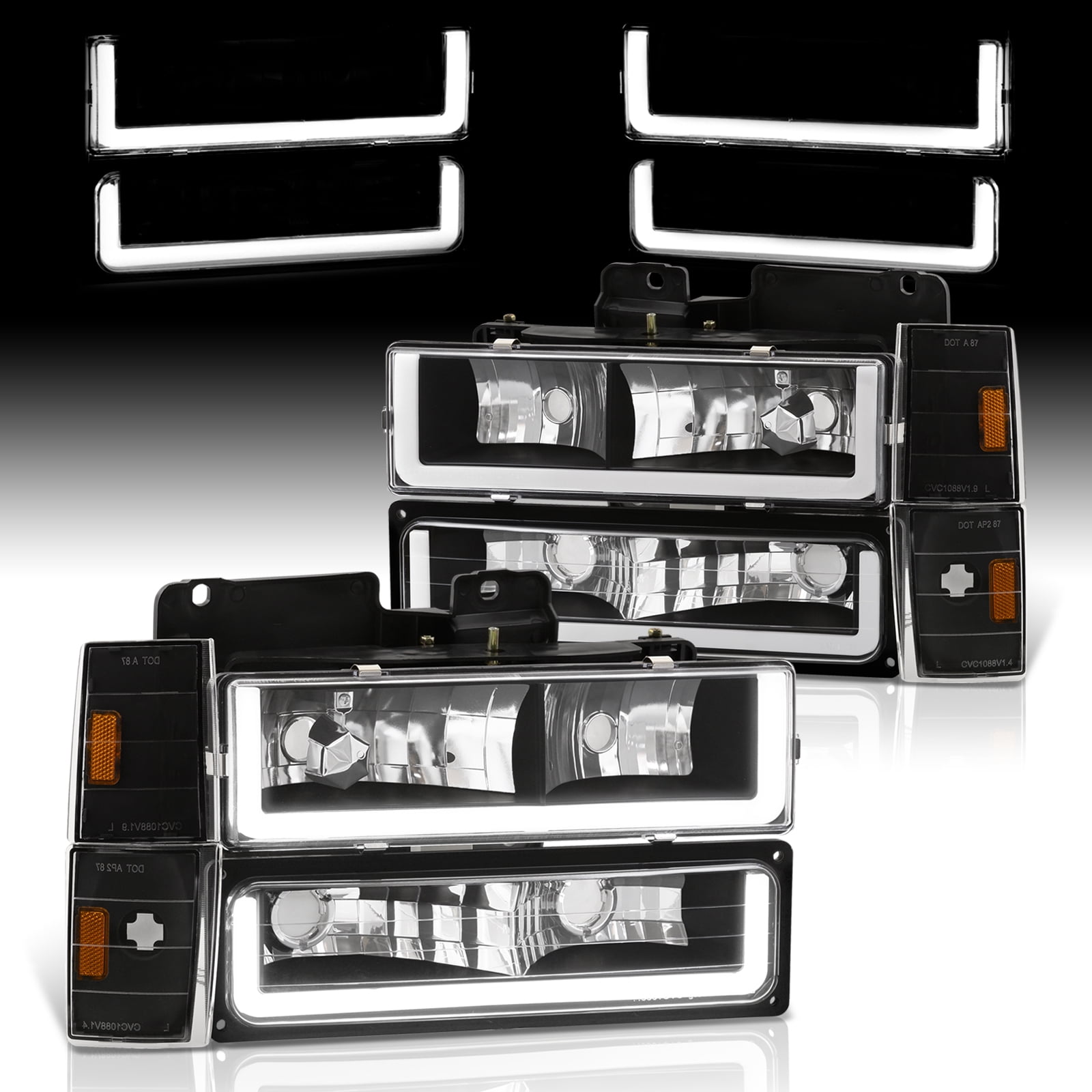 AJP Distributors Black Amber LED DRL Head Lights + Corner Bumper Lamps Compatible/Replacement For Chevy C10 C/K 1500 2500 3500 Blazer Silverado Suburban 1988 1989 1990 1991 1992 1993 88 89 90 91 92 93