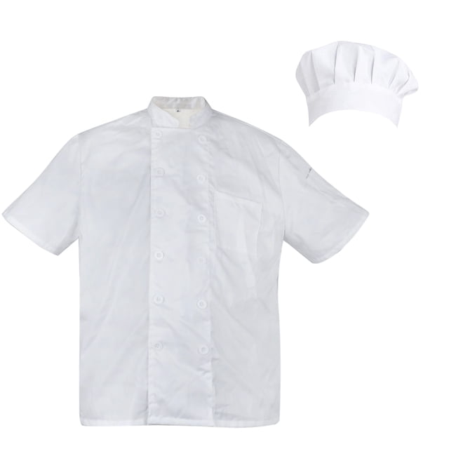 TopTie Unisex Short Sleeve Cooking Chef Coat Jacket with Adjustable Hat-White-XS