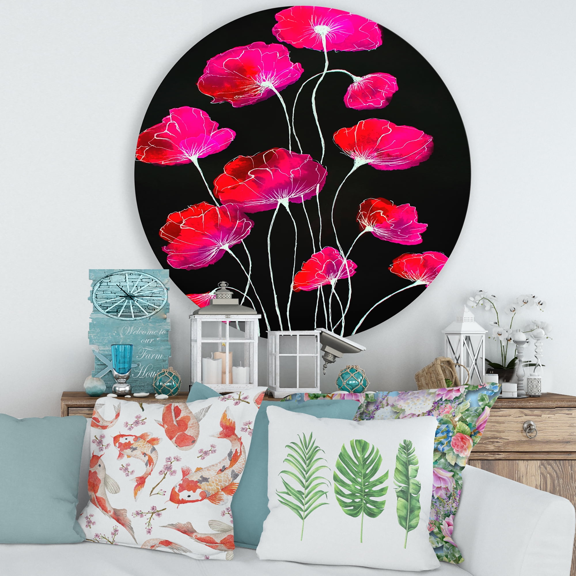 Designart 'Abstract Red Flower Detail On Black Background III' Traditional Circle Metal Wall Art 29x29 - Disc of 29