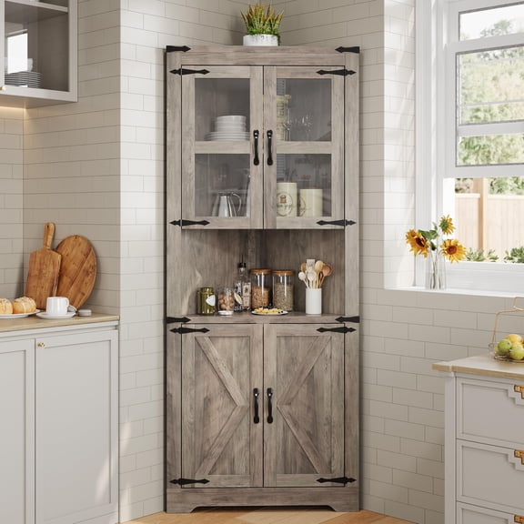 67" Tall Farmhouse Corner Cabinet with Glass Door & Adjustable Shelves, Space-Saving Storage Hutch – Washed Grey for Living Room, Kitchen or Bathroom