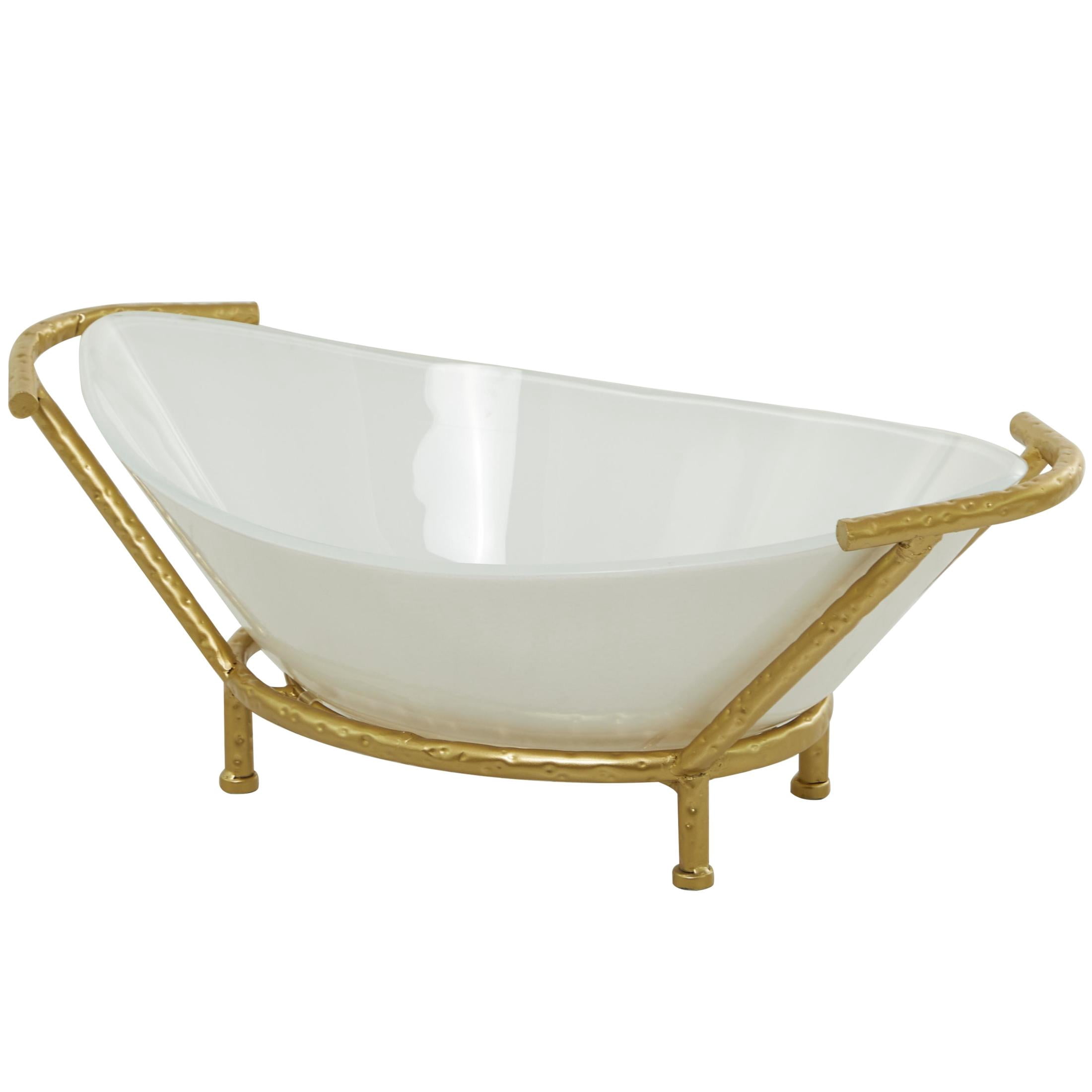 CosmoLiving by Cosmopolitan 25" x 9" White Glass Kitchen Serving Bowl with Gold Metal Stand, 1-Piece