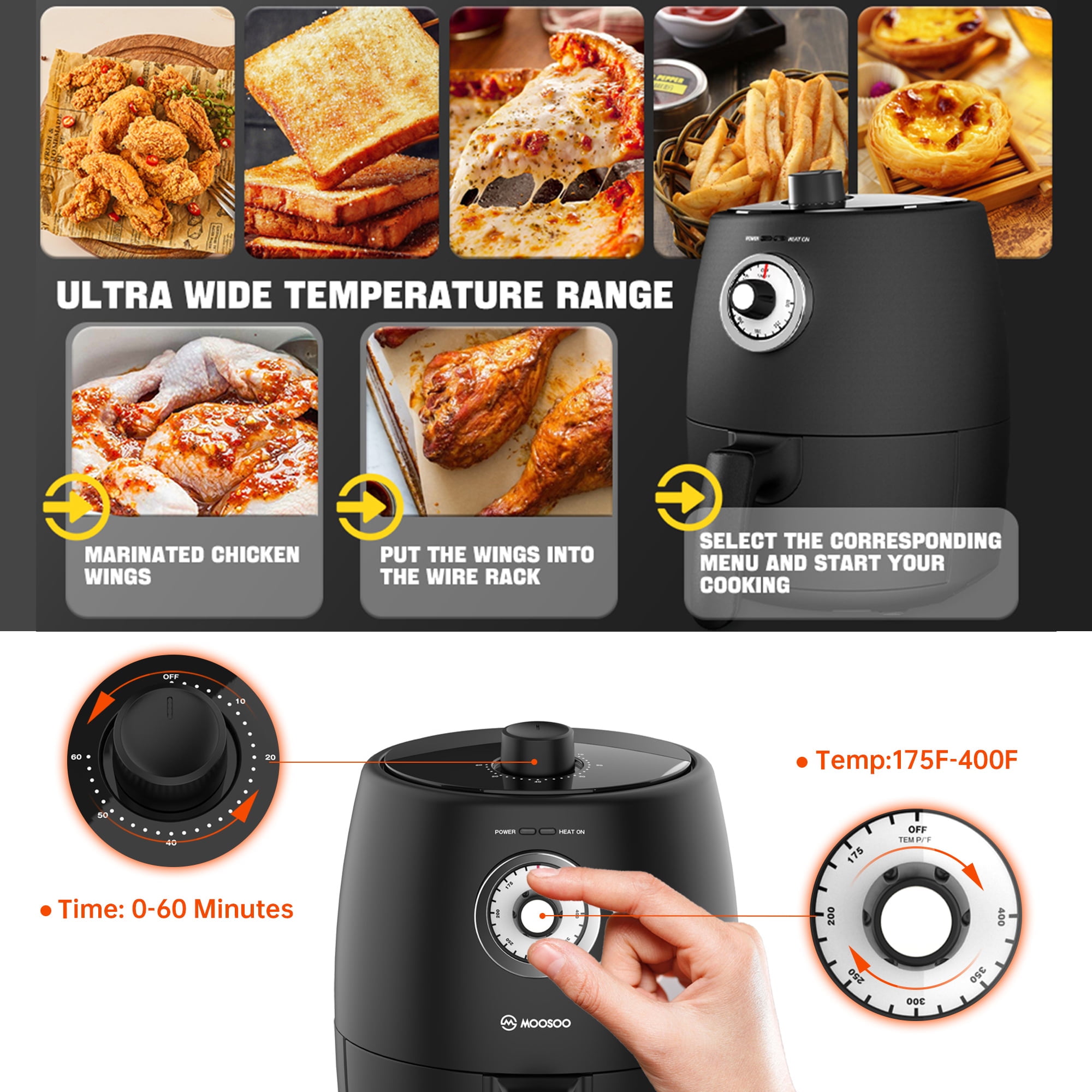 Moosoo Mini Small Air Fryer, Compact 2 Quart Air Fryer Temp/Time Dial Control with Air Fryer Cookbook & 50pcs Paper Liner, Black