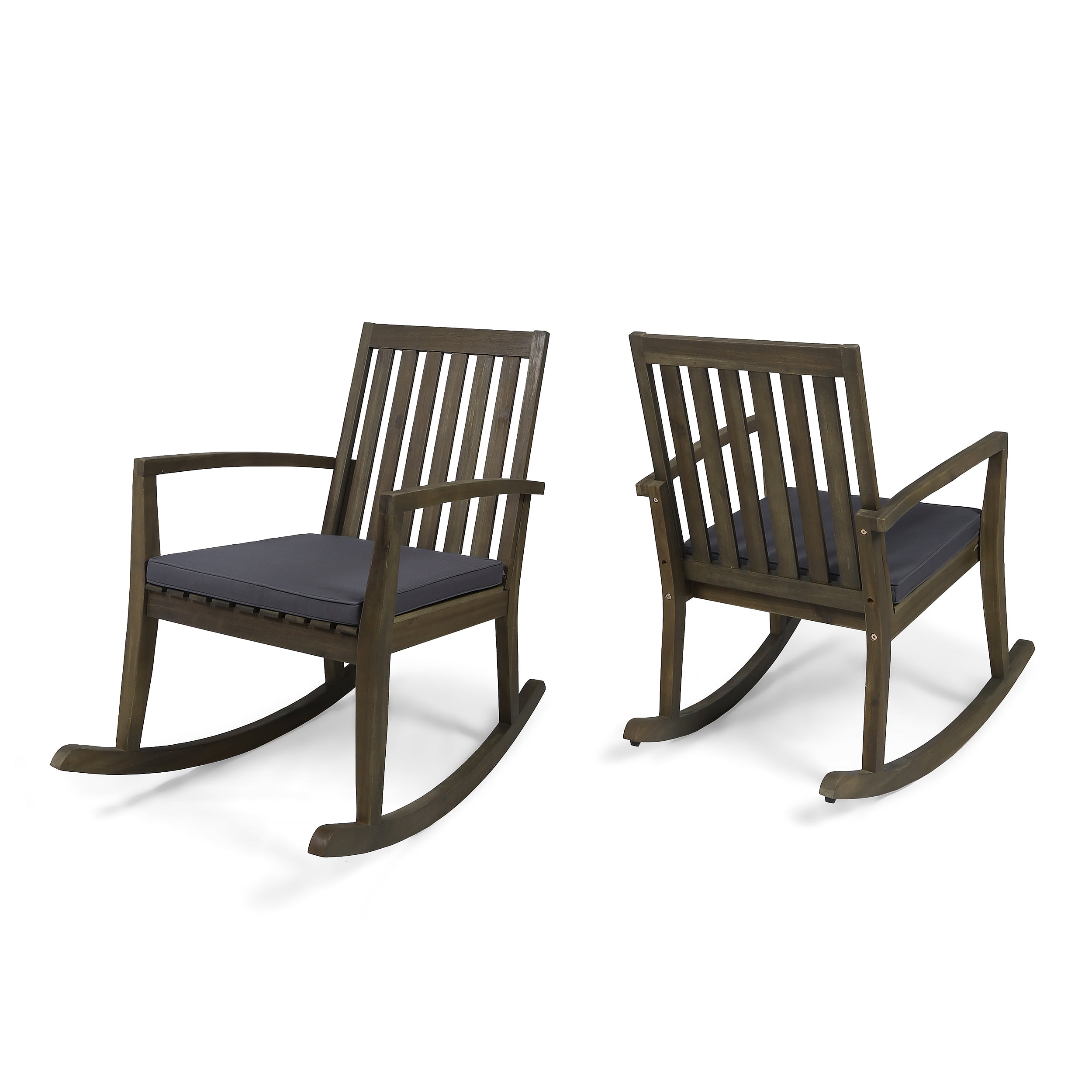 Reyna Outdoor Acacia Wood Rocking Chairs with Cushions, Gray, Dark Gray