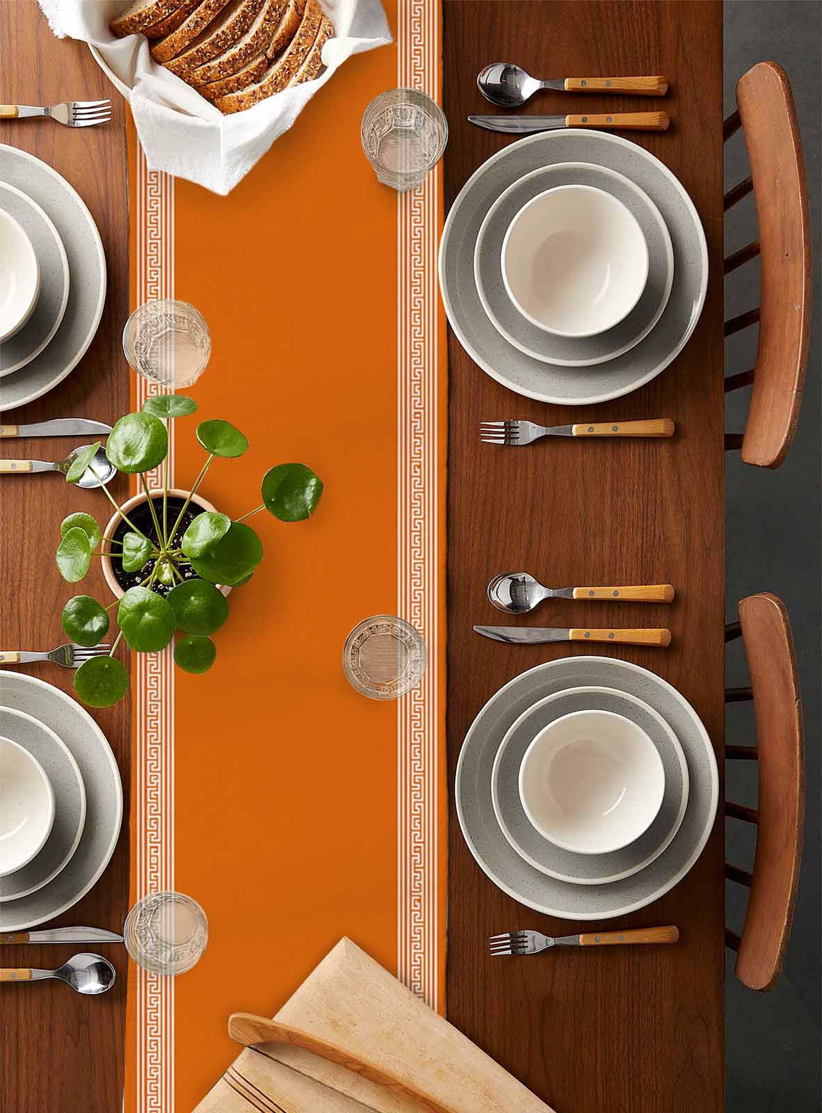 Burnt Orange Geometric Burlap Cotton Table Runner 13x90 Inches Long, Country Greece Key Art Farmhouse Table Runners, Outdoor Dining Tablecloths Decor for Baby Shower/Party/Wedding