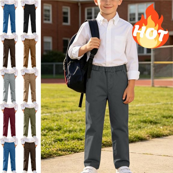 Mifsaly Boys Girls School Uniform Pants Solid Color Elastic Waist Kids Casual Long Trousers with Pockets Dark Gray,9 Years