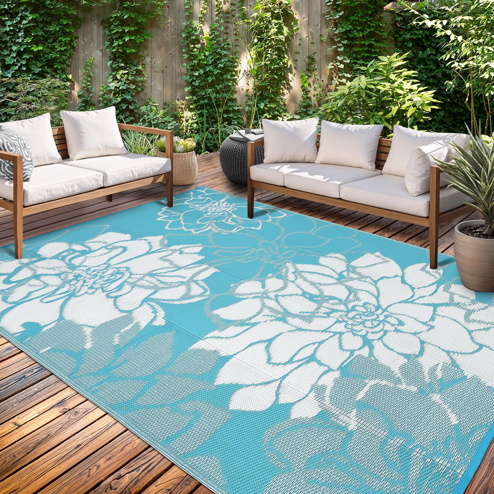Garvee Waterproof Outdoor Rug 8'x10' Modern Floral Patio Carpet, Reversible Plastic Straw Rug Foldable RV Camping Mat with Stakes for Patio Balcony Deck Backyard, Light Blue