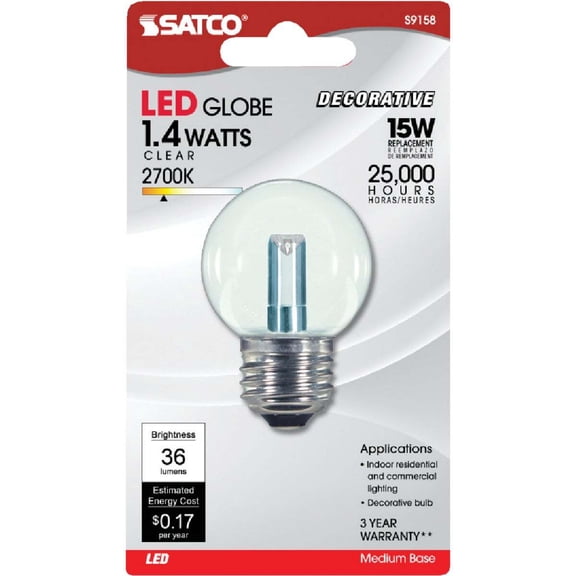 Satco S9158 - 1.4 watt LED; G16 1/2; Clear; 2700K; Medium base; 120 volts