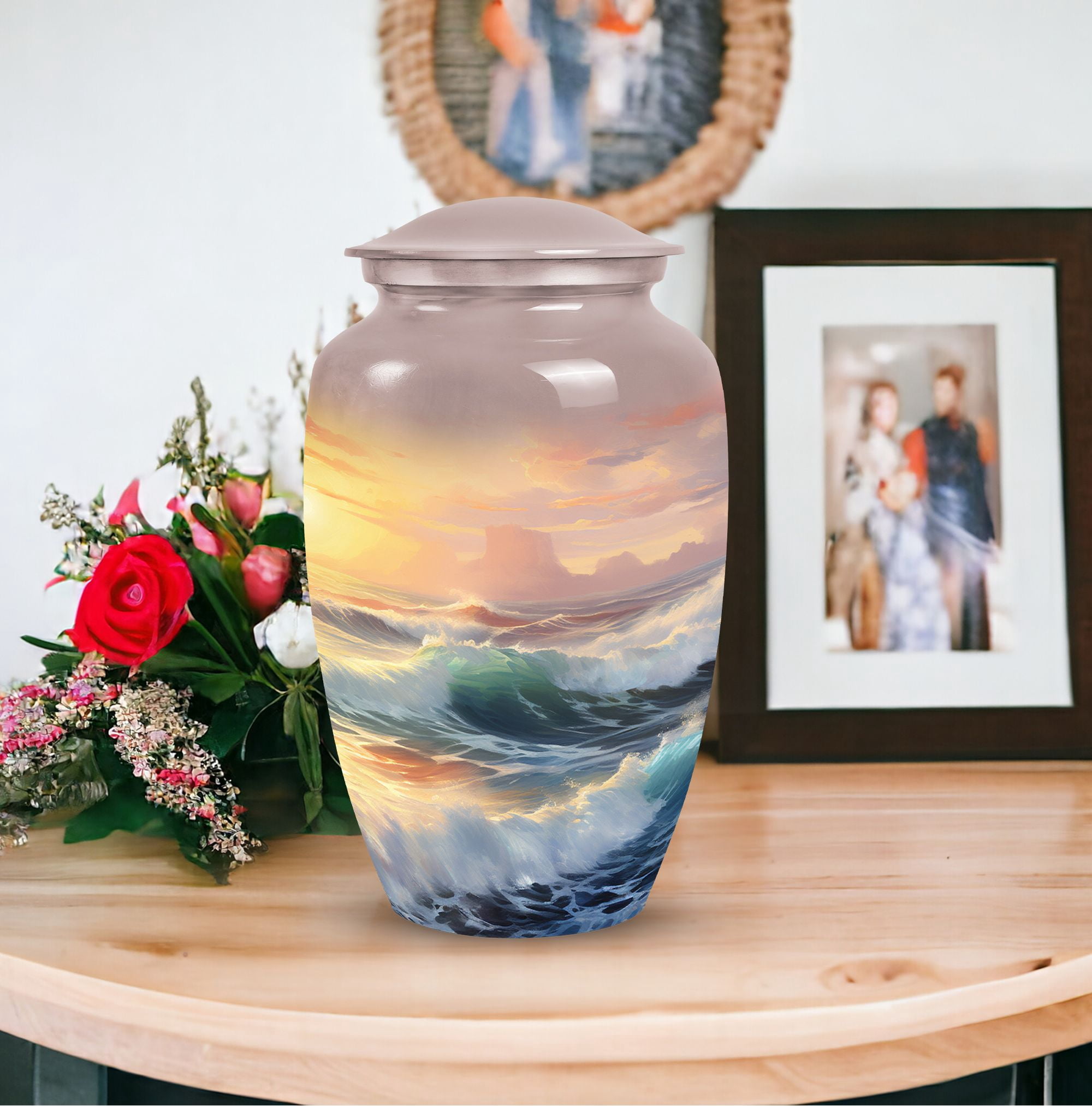 Sunset Over Ocean Waves - Large Urn - 10-Inch Cremation Urn For Adult Ashes - Elegant Design For Men And Women - Urns For Ashes Adult Male Large - Urns For Human Ashes Large Adult