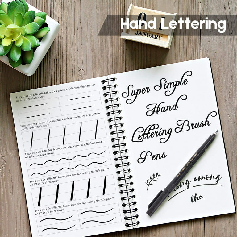 6pcs Calligraphy Pens set for Beginners,Hand Lettering Pen,4 Size  Refillable Brush&Fine Tip Black Markers for Kids,Writing