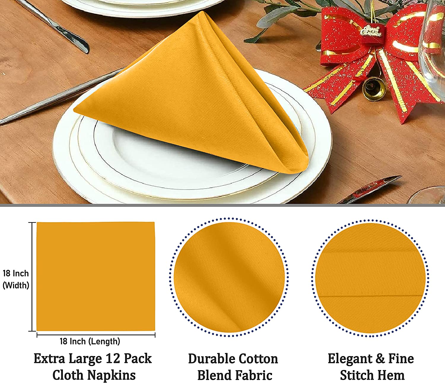 Ruvanti Cloth Napkins Set of 12, 18x18 inches Napkins Cloth Washable, Soft, Durable, Absorbent, Cotton Blend. Table Dinner Napkins Cloth for Hotel, Lunch, Restaurant, Wedding Event, Parties - Mustard - image 5 of 7