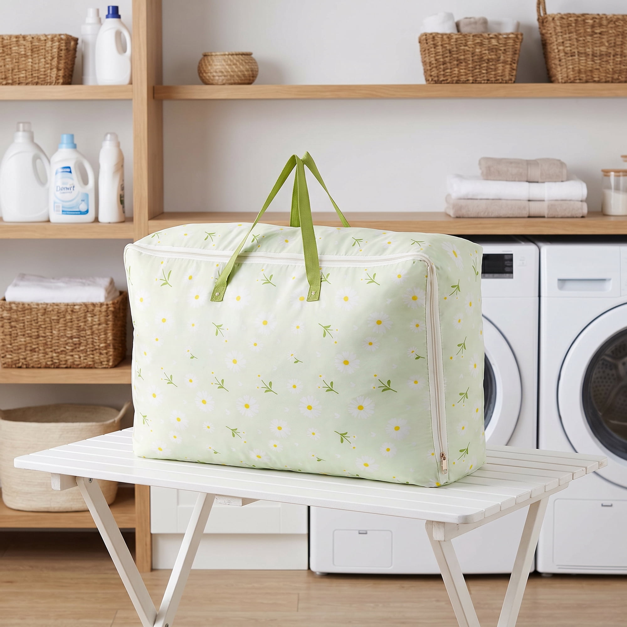 Unique Bargains Dustproof Floral Zipper Large Moving Bag Green 21.7" x 7.9" x 13.0"
