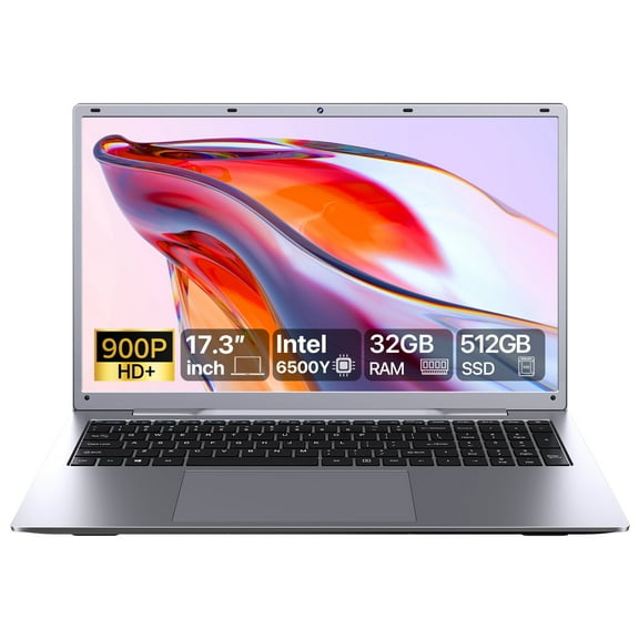 RNRUO 17.3" Laptop Computer, 32GB RAM 512GB SSD, Intel 6500Y with 2 Cores up to 3.4GHz, Office 2024, WiFi5 BT5.0, Windows 11 Laptop for Business, Student, Office, Dark Gray