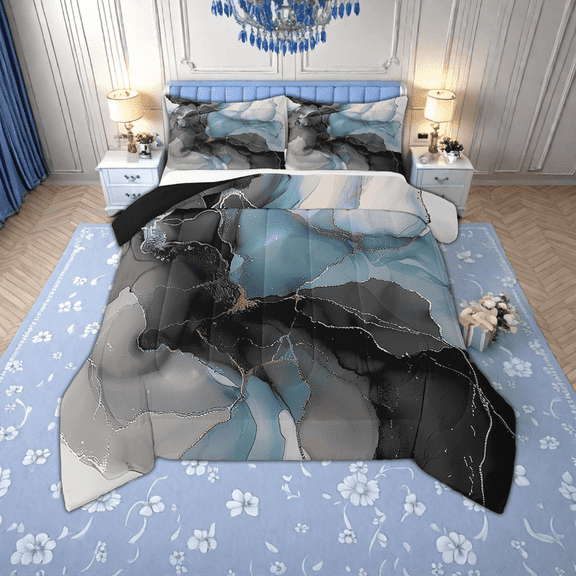 Chic Marble Full Bedding Sets Black Blue Watercolor Comforter Set , Mountain Fluid Bedding Comforter Sets Aesthetic Marbling Duvet Insert, Stone Pattern Down Comforter