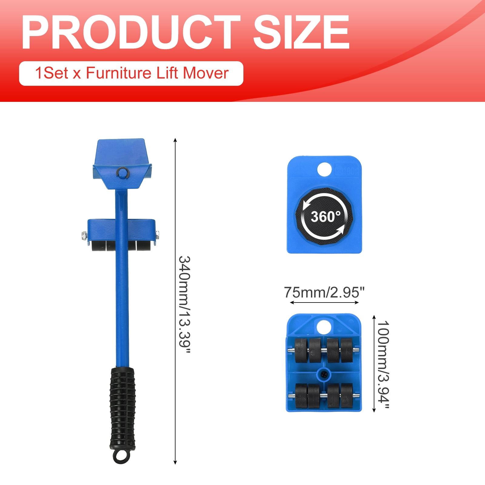 Uxcell Furniture Lift Mover Heavy Duty Furniture Mover Tool Set Movers Sliders with Adjustable Height Lifting Tool Lever Red