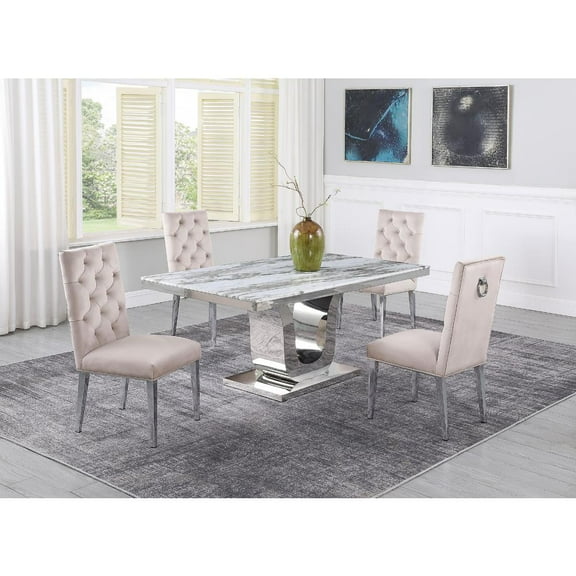 White Marble 5 piece Dining Set with Silver Stainless Steel Base