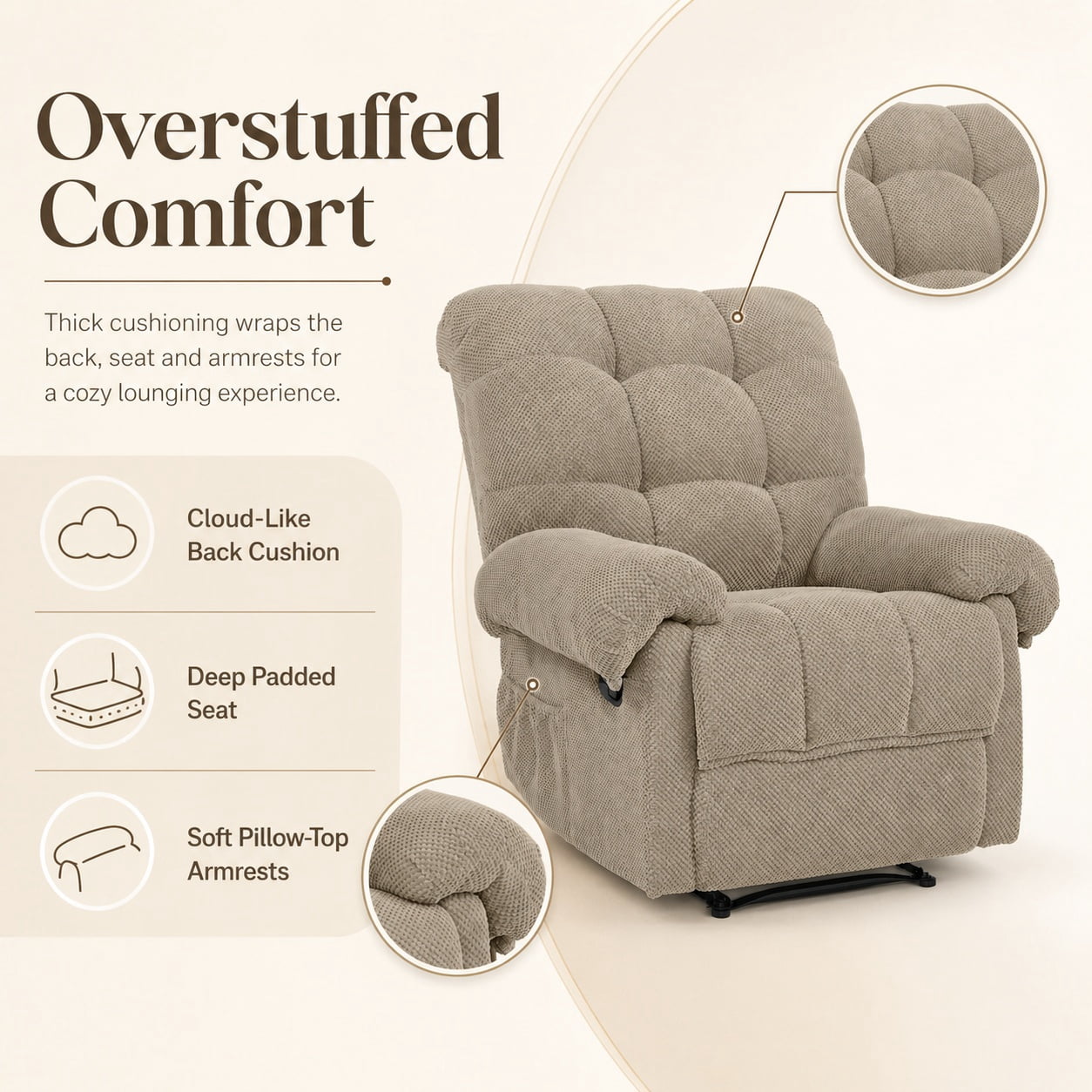 Miniyam Overstuffed Recliner Chair with Plush Armrests, Adjustable Ergonomic Recliner, 105° to 165° Reclining, Camel