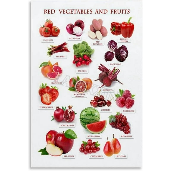 Red Fruits Vegetables Poster Nutrition Food Guide Chart Wall Art Wall Art for Bedroom Living Room Decor Posters
