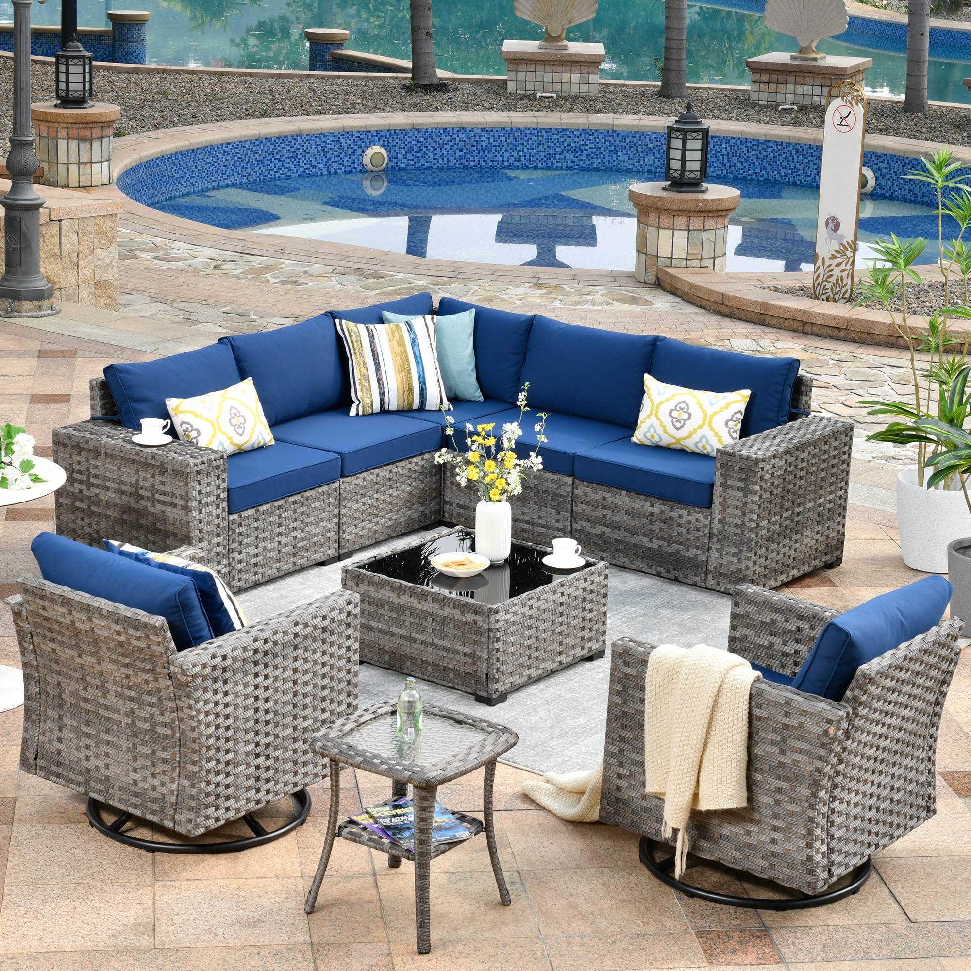 Ovios 9 Pieces Outdoor Patio Furniture with Swivel Rocking Chairs All