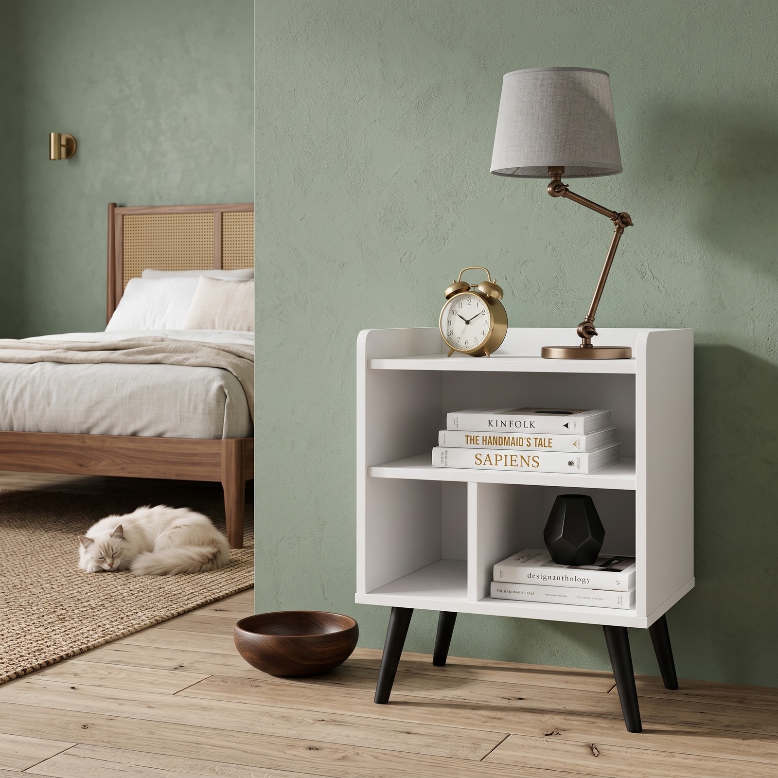 Furnibear 2-Tier Mid Century Modern End Table, Square Nightstand Side Table with 2 Open Compartments and Tapered Metal Legs, Sofa Couch Bedside Accent Table for, White