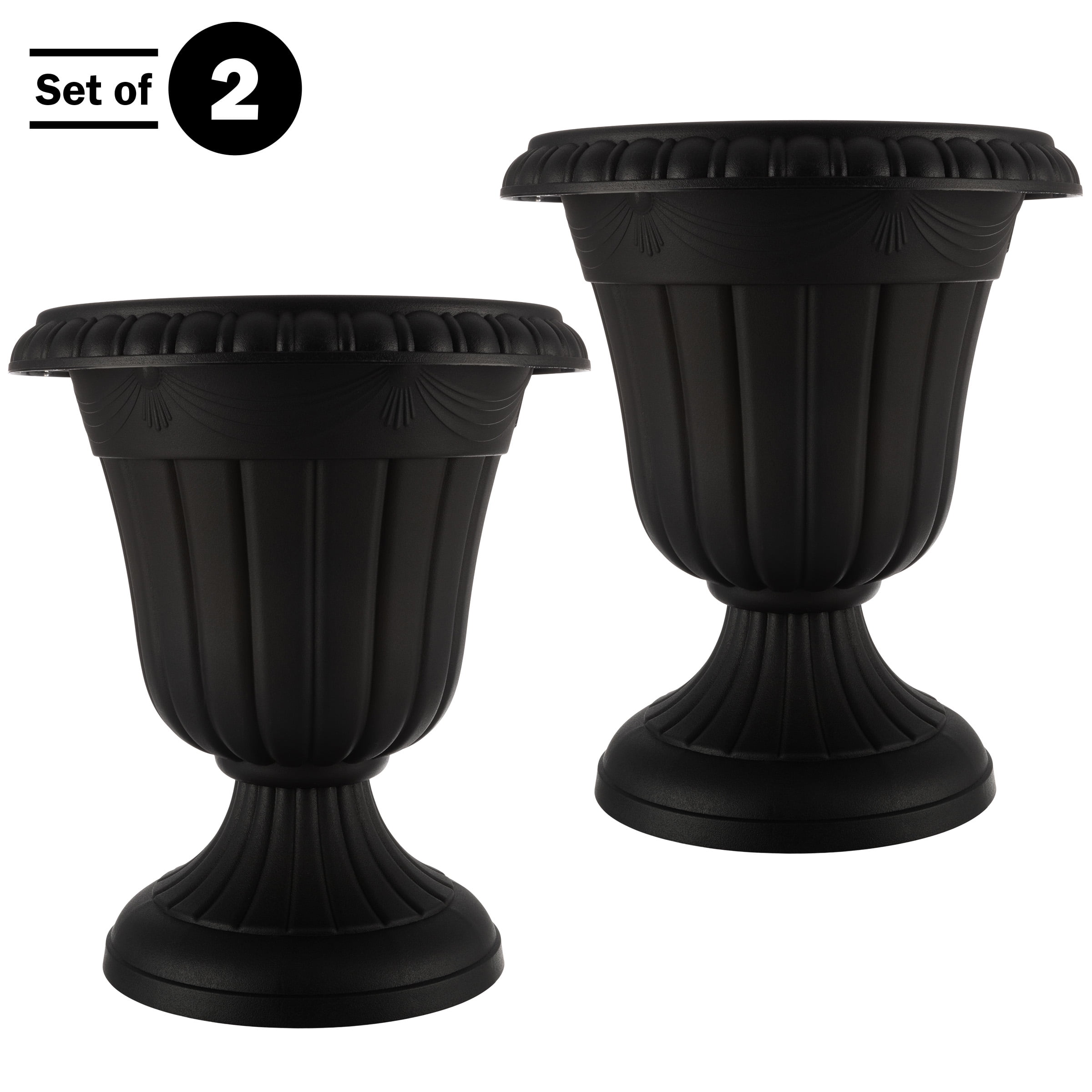 Pure Garden 16x18-Inch Outdoor Planter 2-Pack - Plastic Urn Planters, Black