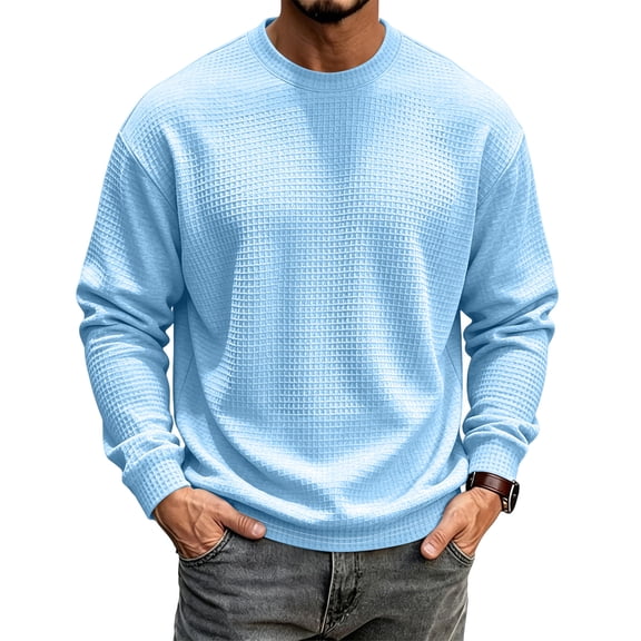 Fabrcox S-5XL Men Long Sleeve Shirts Waffle Crew Neck Casual Mens Shirts Texture Knit Regular Fit Athletic Big and Tall Shirts for Men Blue XL