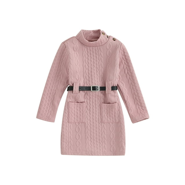 ZAXARRA Enfants Fille Câble Tricot Robe Couleur Unie Manches Longues Haut Col Bouton Pull Robe Tricoté Pull avec Ceinture