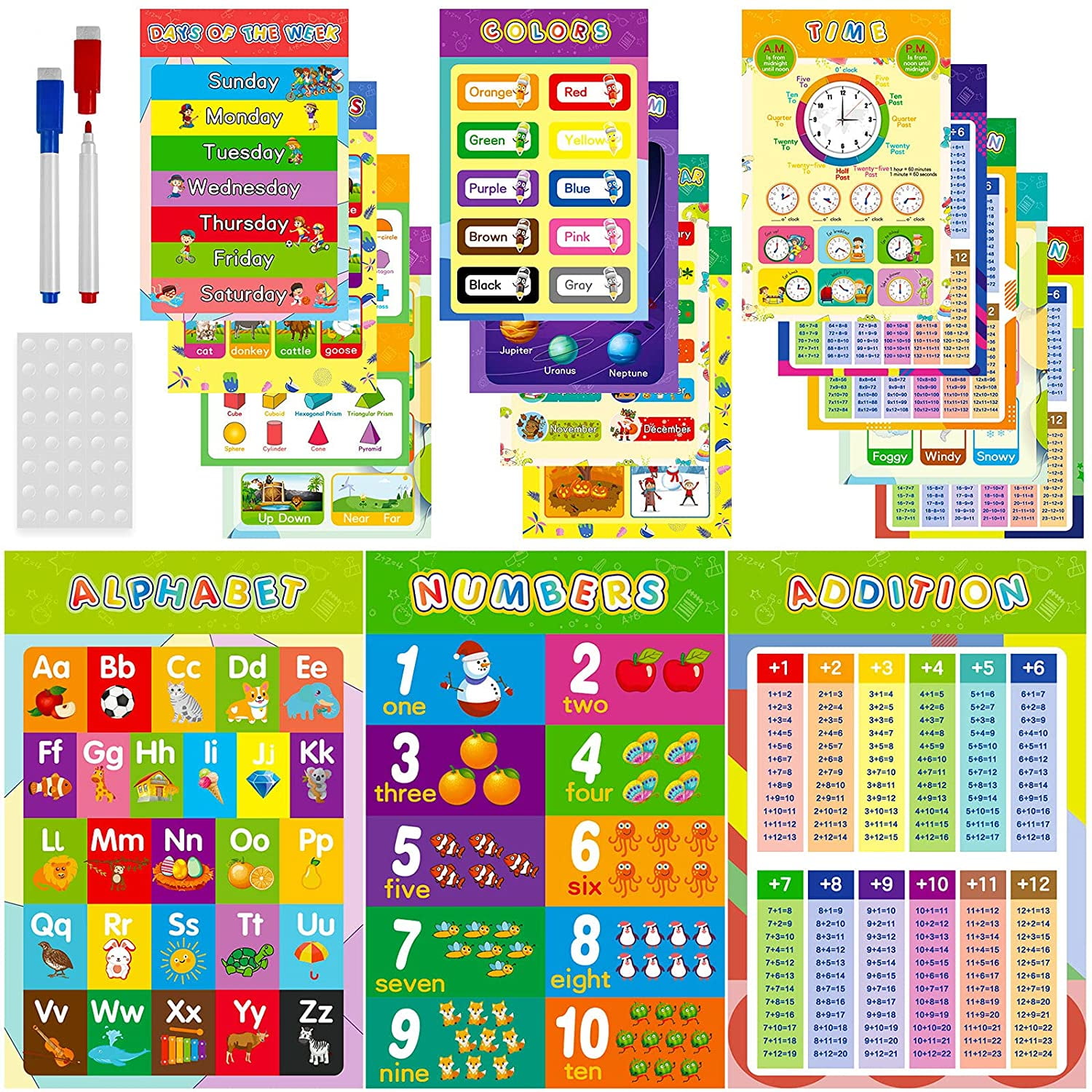 MENKEY Educational Posters for Kindergarten, 16Pcs Preschool Learning Posters for Toddlers Preschoolers with 80Pcs Glue Point Dots and 2Pcs Dry Erase Markers