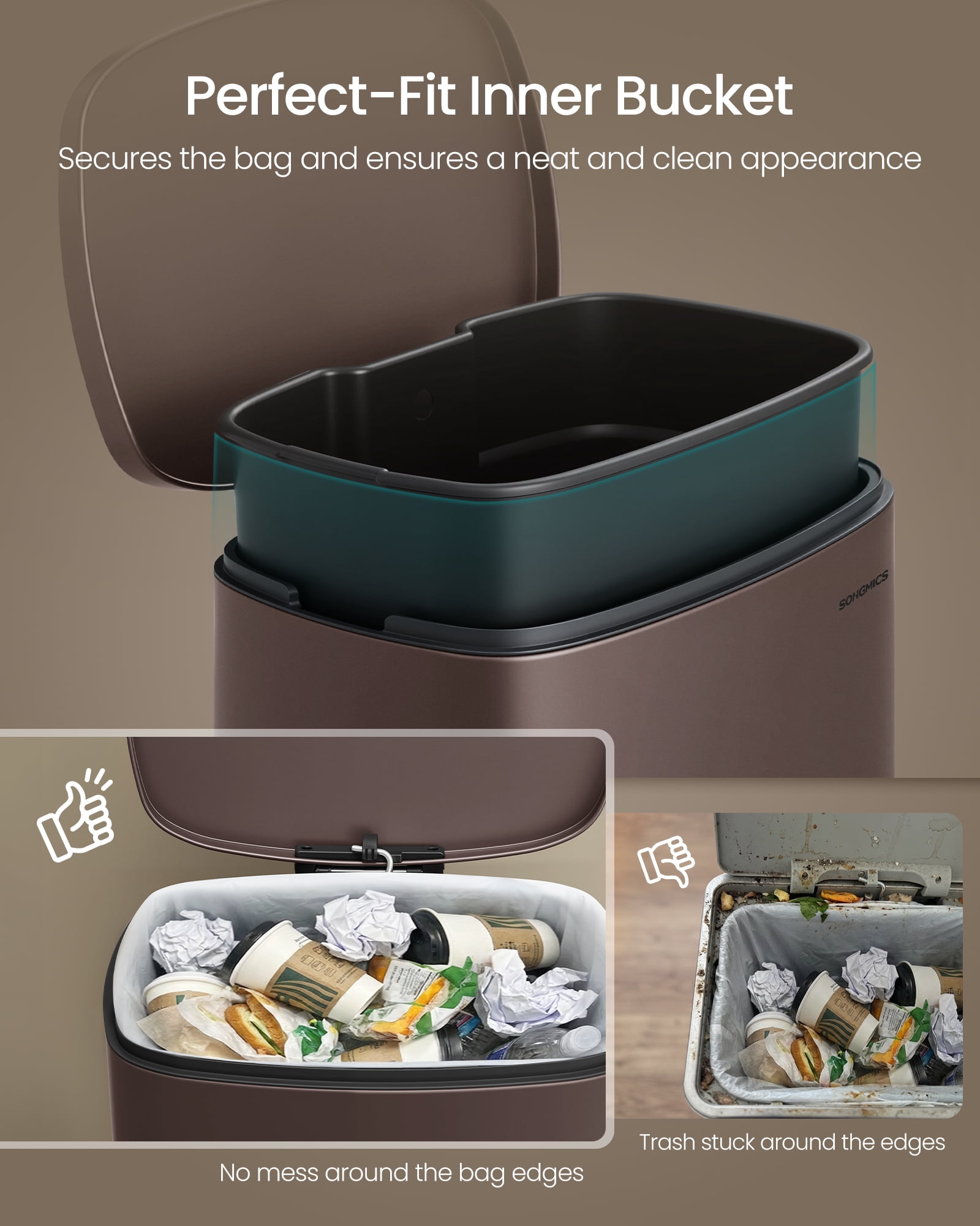 SONGMICS 20-Gallon (75 L) Trash Can, Stainless Steel Kitchen Garbage Can, Soft Close, Step-On Pedal, Removable Inner Bucket, Brown