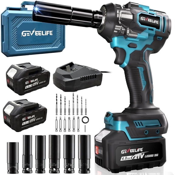GEVEELIFE Impact Wrench 480Ft-lbs(650N.m) Brushless, 1/2 Impact Gun with 2x4.0Ah Battery, Cordless Impact Wrench, 6 Sockets, 8 Drill Bits, 3300RPM Power Electric Impact Driver for Car/DIY Furniture