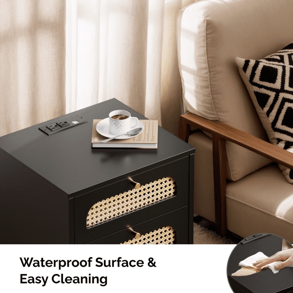 Alvantor 3-Drawer Nightstand with Built-in Charging Station, Black Rattan Accent Fronts, USB Ports and Power Outlet