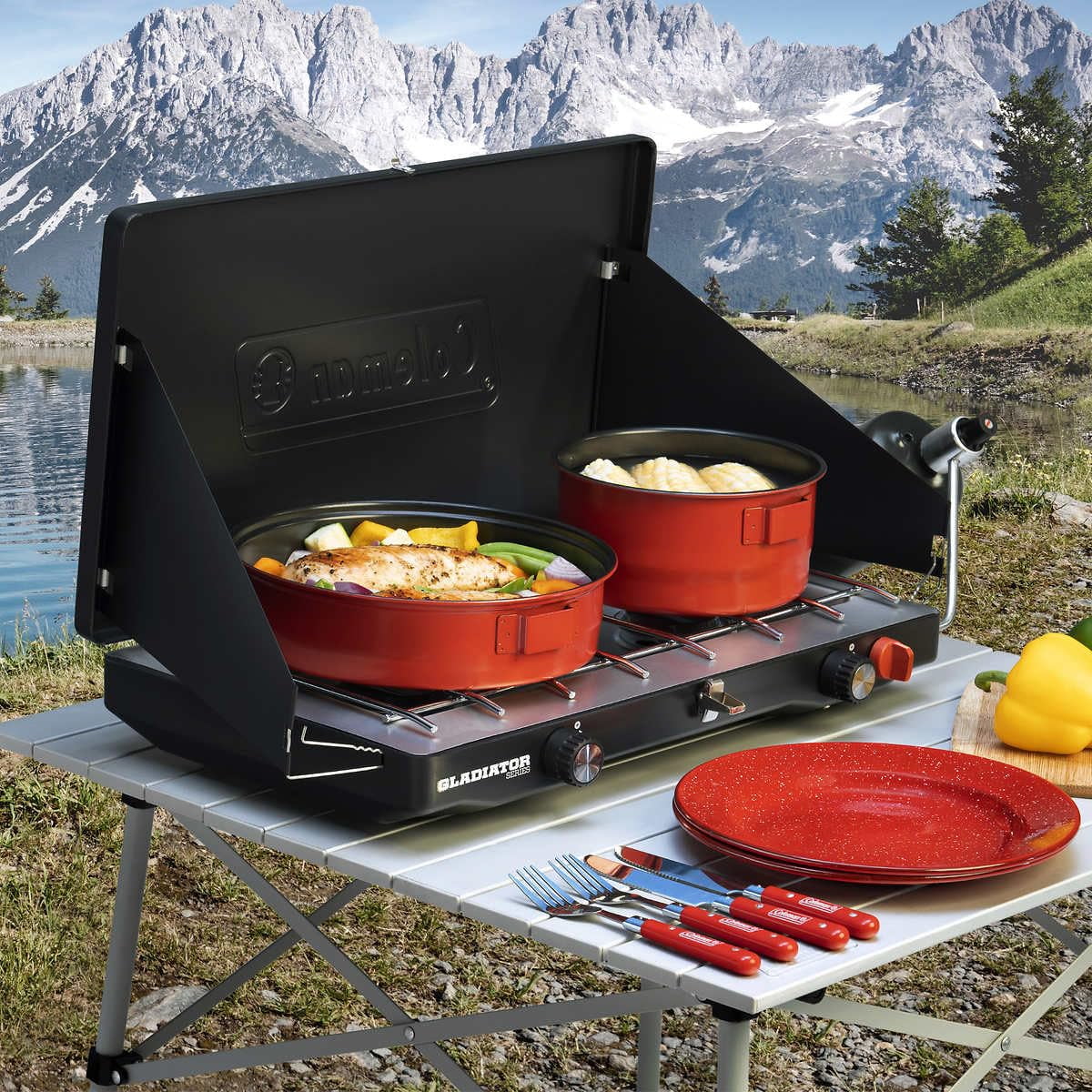 Coleman Gladiator 2 Burner Propane Camping Stove with Wind Block Guards