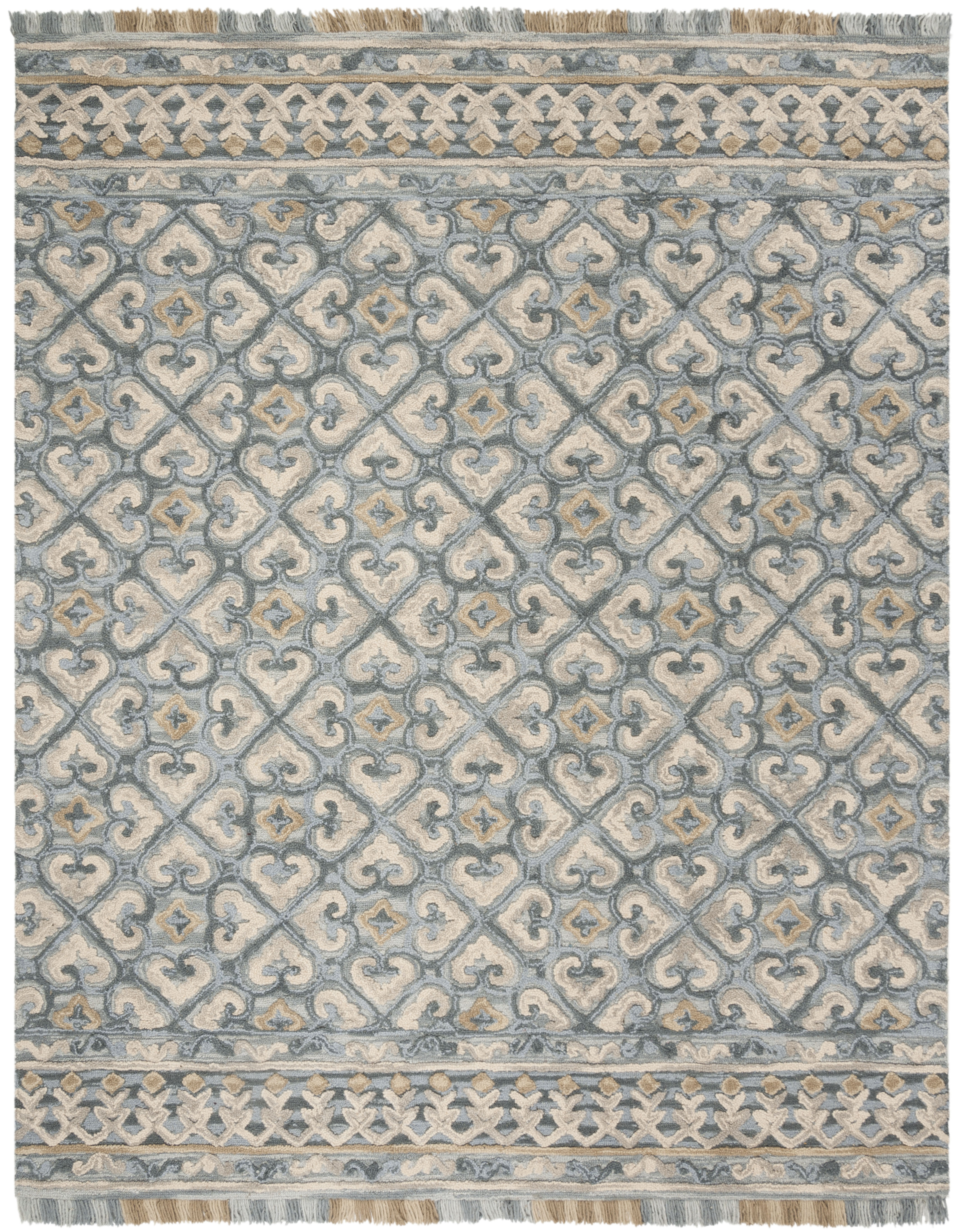 SAFAVIEH Blossom Jocelyne Geometric Fringe Wool Area Rug, Light Beige/Blue, 8' x 10'