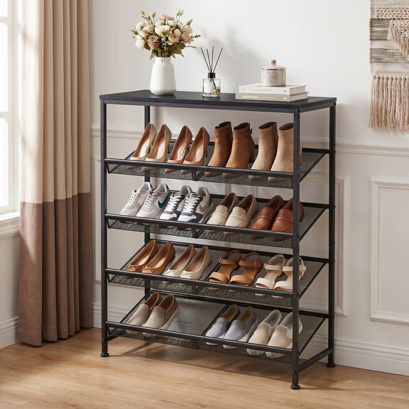 edx 5-Tier Metal Shoe Rack Organizer for Entryway, 16-20 Pairs Shoe Storage Shelf, Black with Wooden Top, Black