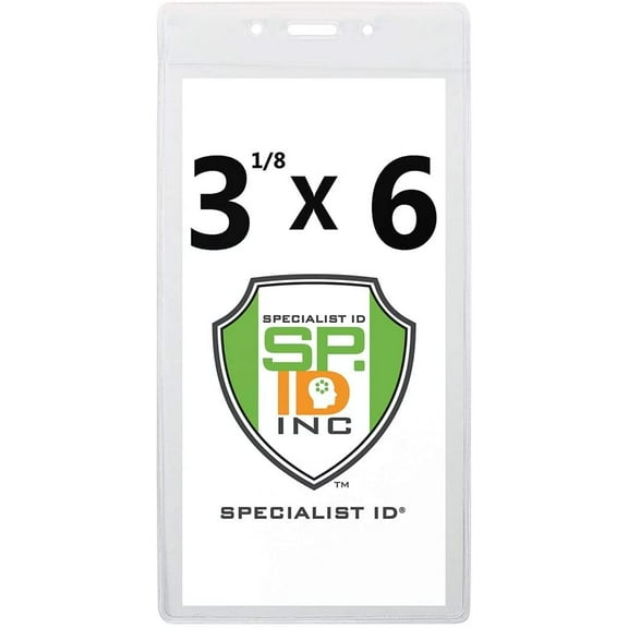 3X6" Clear Vinyl Badge Holders - Large Vertical Plastic Promotional Event Sleeves or Travel Tag Covers for Cruise Luggage, Event Labels or Name Inserts by Specialist ID (Maximum Insert Size 3 1/8 X 6)