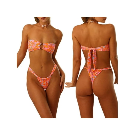 Biezeib Women 2 Piece Swimsuits Plaid/Floral Print Tie Back Strapless Bikini Bra and Elastic Thong Sets for Summer Bathing Suit