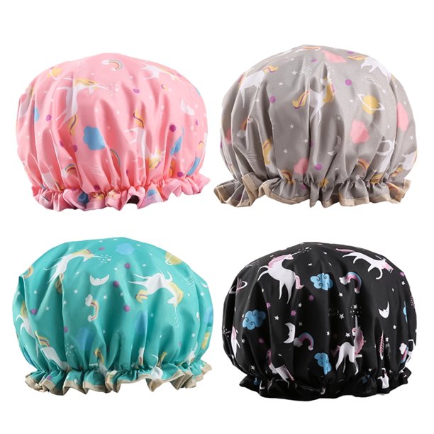 Unicorn Shower Cap, 4Pcs Double Layers Shower Caps for Women Reusable