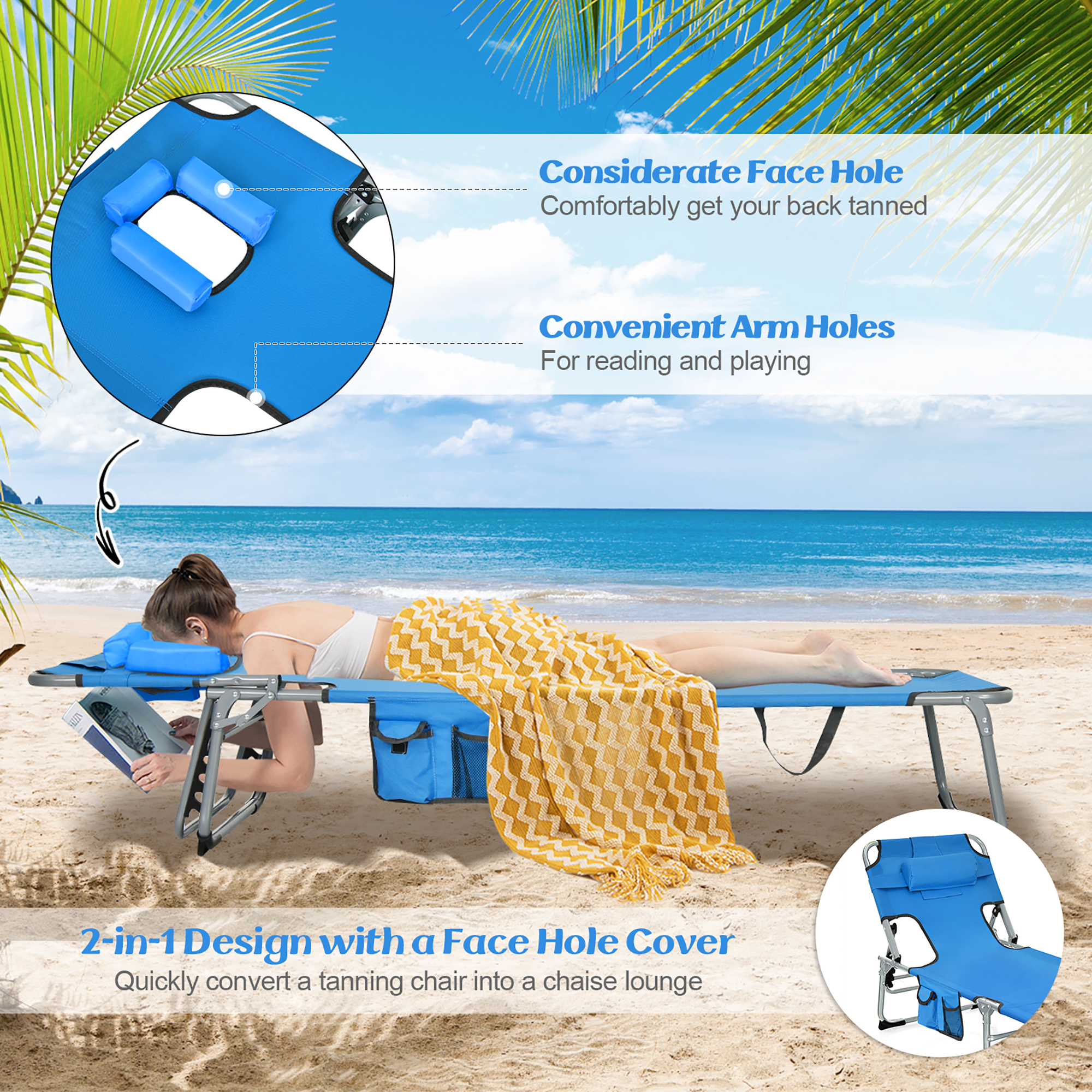 Gymax Folding Chaise Lounge Chair Bed Adjustable Outdoor Patio Beach Camping Recliner Blue - image 5 of 8