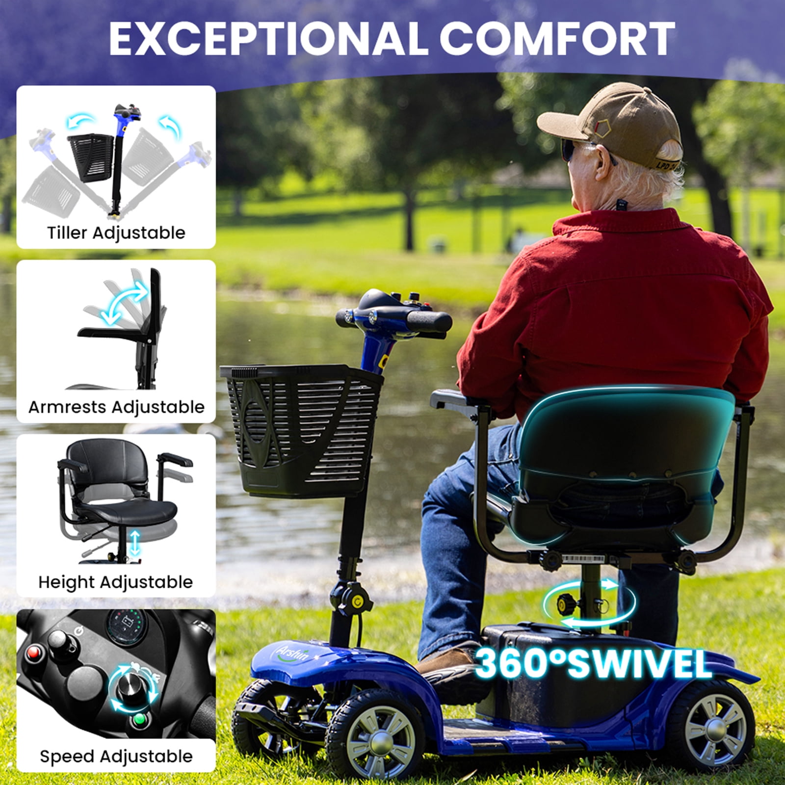 Arshin Upgrade 4 Wheels Mobility Scooters for Seniors & Adult,All Terrain Motorized Scooters with 300 lbs,Blue