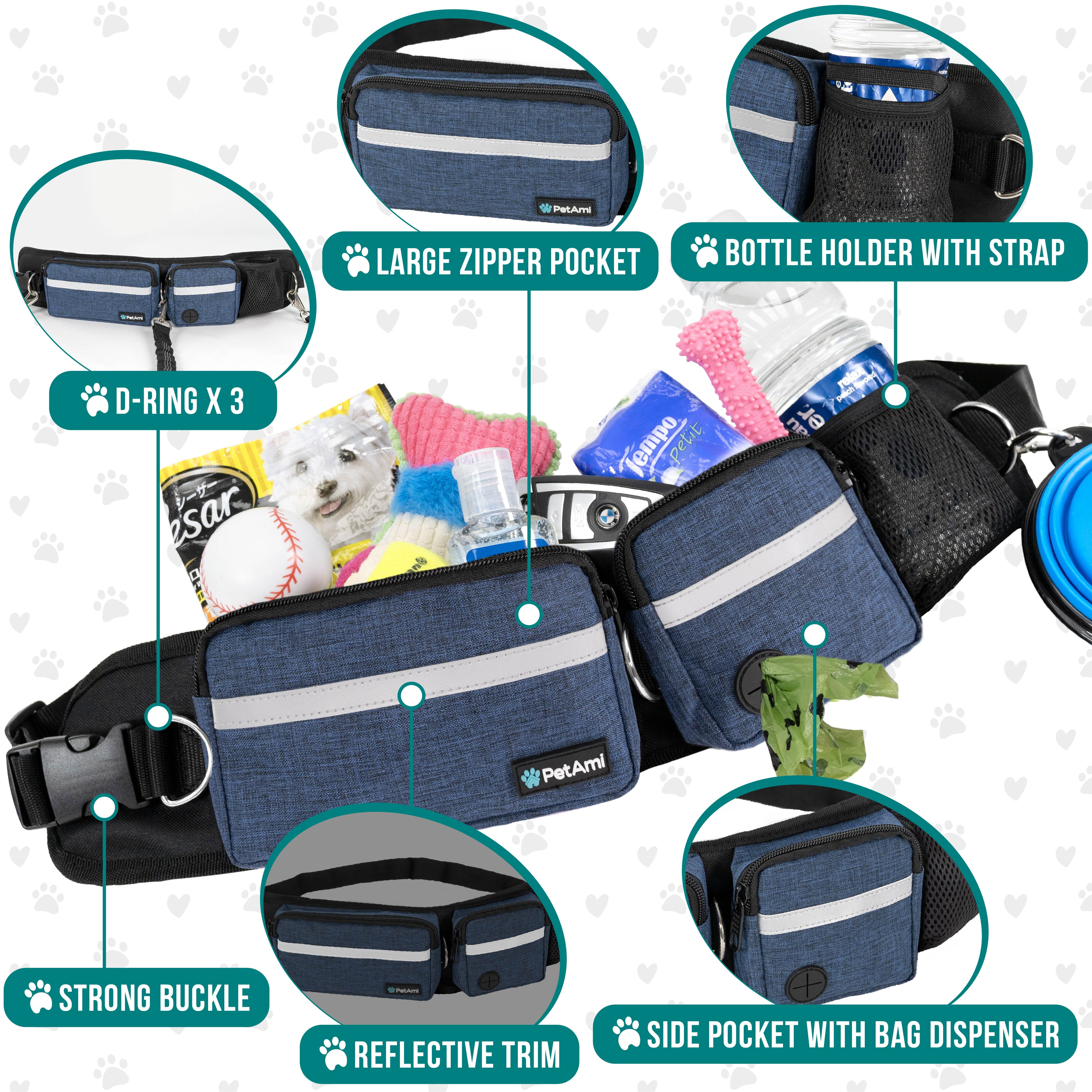 PetAmi Hands Free Dog Leash, Dog Running Leash Belt Bag for Walking, Jogging, Dog Waist Double Zipper Pouch with Poop Bag Dispenser, Dual Padded Handles Reflective Bungee Leash, Single (Navy)