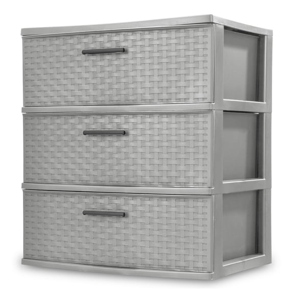 Sterilite 3 Drawer Wide Weave Tower, Plastic Décor Drawers with Pull Handles, Gray