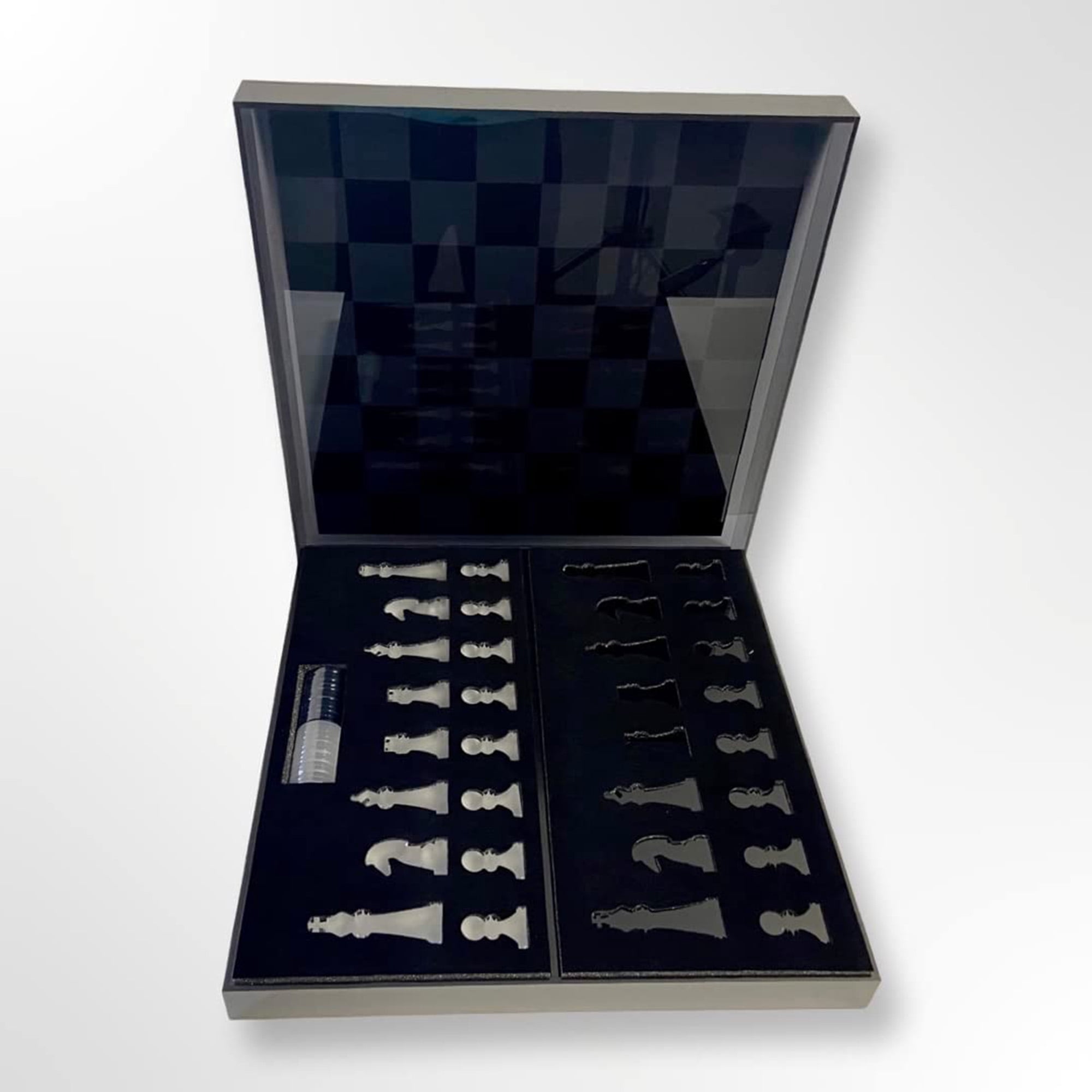 Rolling 66 Checkers & Chess Board Set with Acrylic Board & Chess Pieces, Black Silver