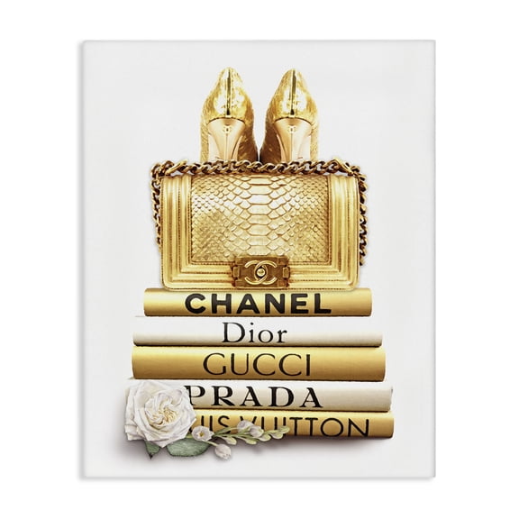 Stupell Industries Traditional Divine Golden Fashion Purse on Glam Designer Bookstack Canvas Art, 16 x 20, by Ros Ruseva