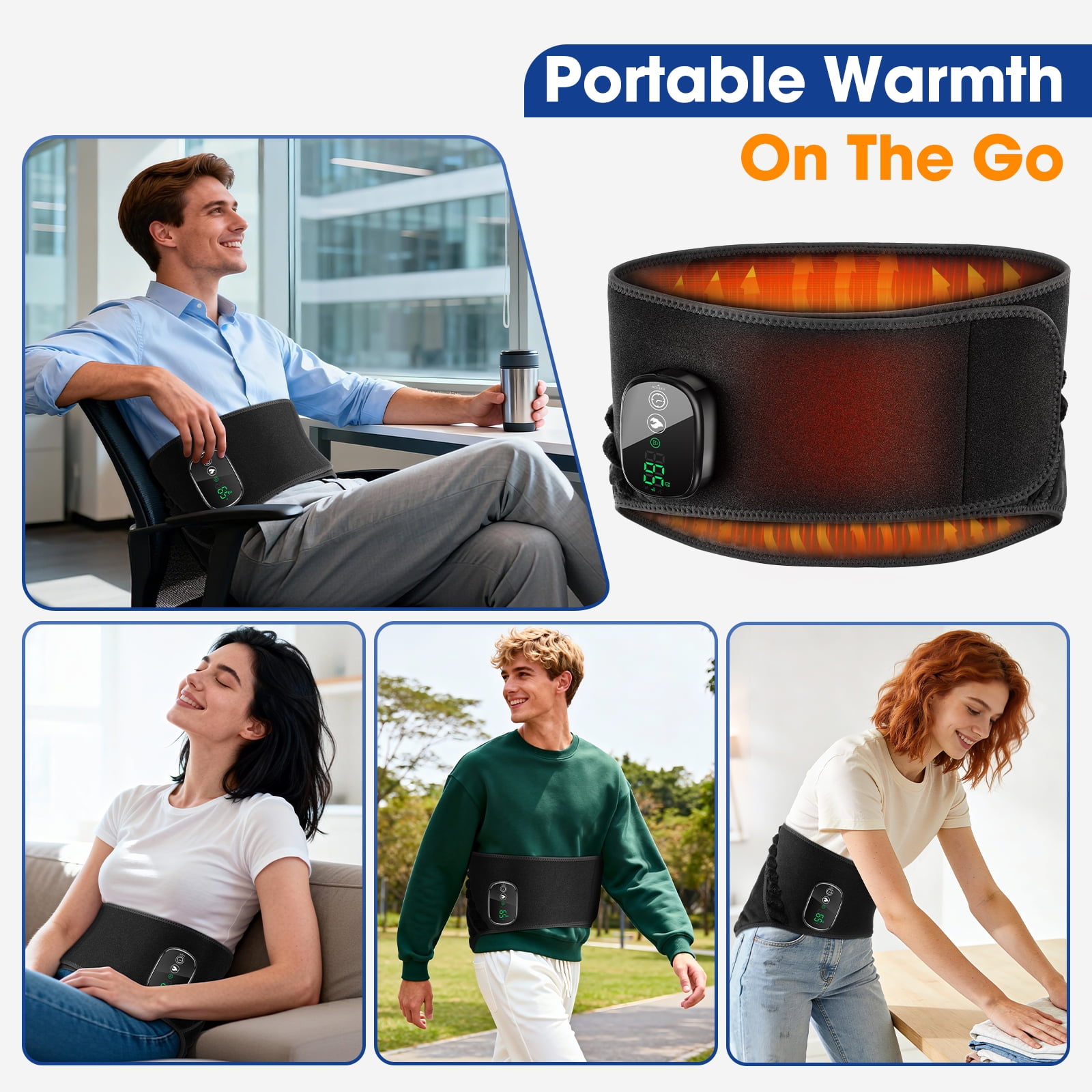 Lower Back Heating Pad, Uterus Waist Belt & Hand Warmer, 3 in 1 Heating Pad for Shoulder, Cordless Belly Heating Pad for Period with 5 Heating, 3 Timing, 2pcs 4000mAh Battery, Large-Area Heated