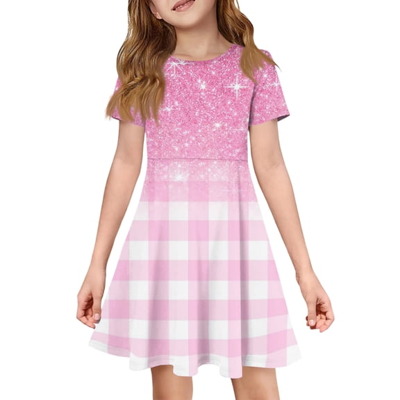 XADYUY Girls Dresses Size 10-12 Casual A-Line Short Sleeve Girls Tshirt Dresses Glitter Plaid Graphic Crew Neck Sundresses Flare Swing Dresses with Pockets,3-4Years,Pink