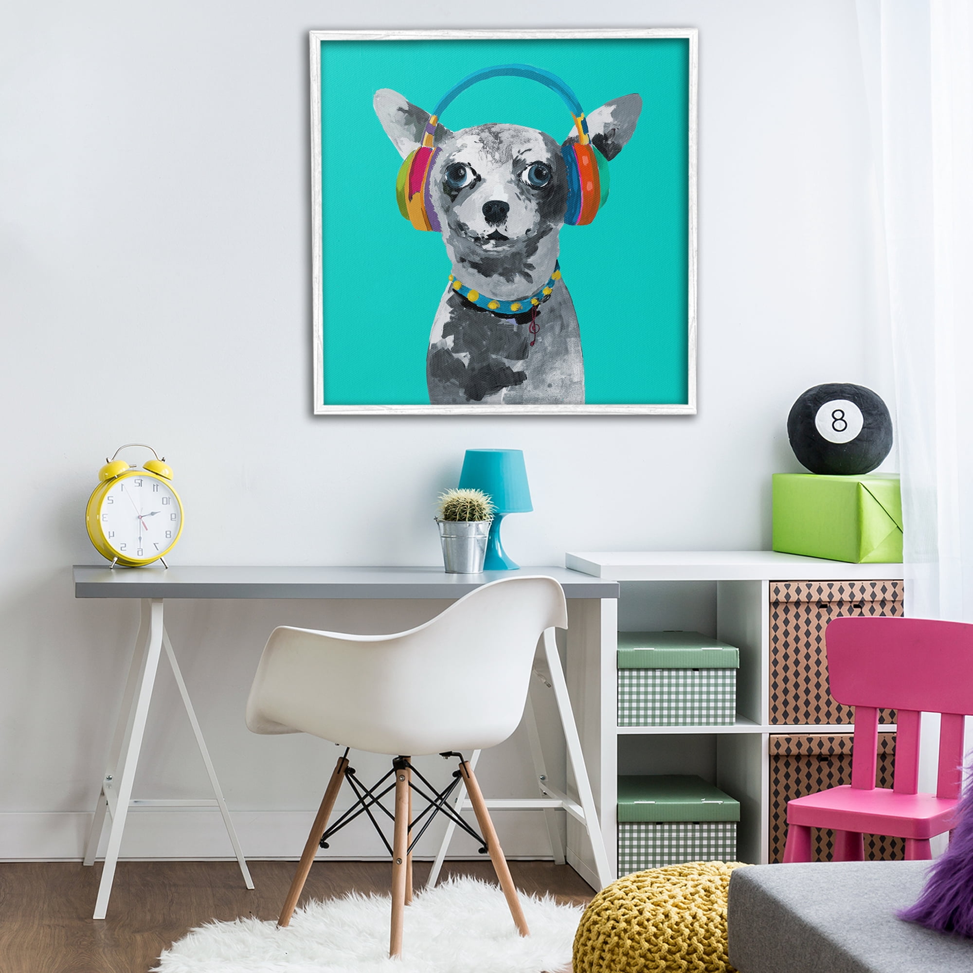 Stupell Industries Jammin' Pup on Blue White Framed Giclee Art, design by Lorenzo Collective